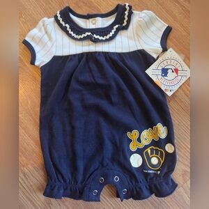 MLB Milwuakee Brewers Baby Girl Romper 0-3 Months NWT Navy Ruffle Baseball